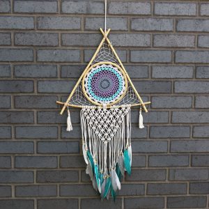 Apanhador de Sonhos  LRG Macrame Piramide Branco / Turquesa